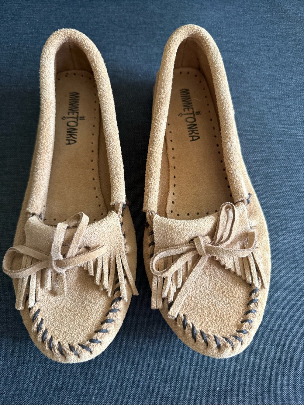 Minnetonka Suede Fringe Moccasins in Beige-Tan